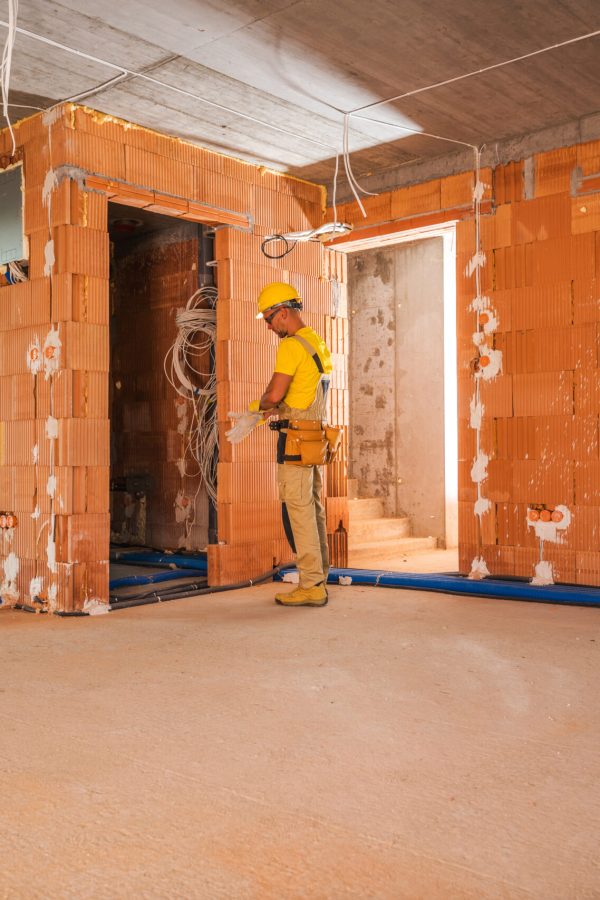 Newly Built Commercial Concrete Blocks Building. Caucasian Construction Worker in His 40s Wearing Head Safety Hard Hat and Gloves Finishing Building Interior Industrial Theme.